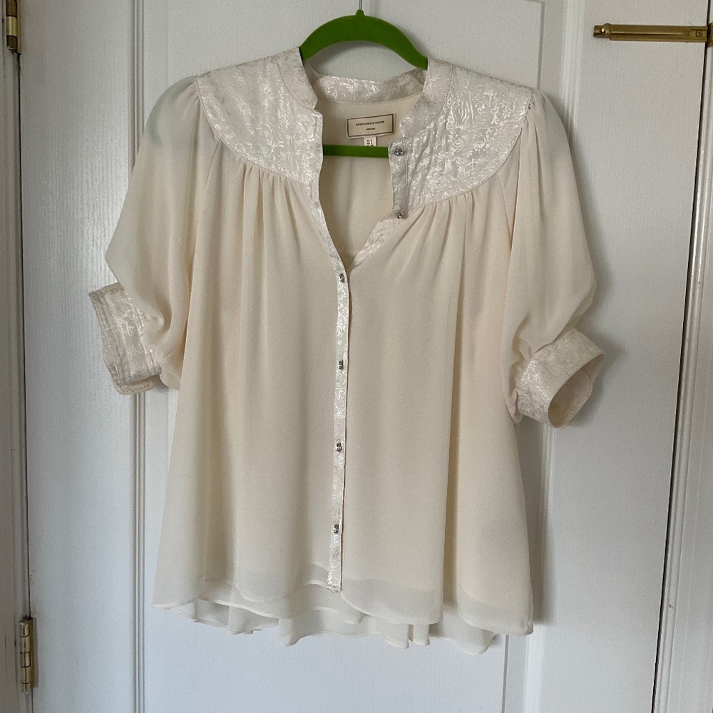 Anthropologie Cream Sheer Button-Front Blouse with Lace Yoke